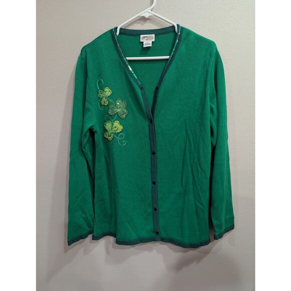 Pretty green v-neck style cardigan w/shamrock embroidery and sequin detailing, M - Picture 1 of 9